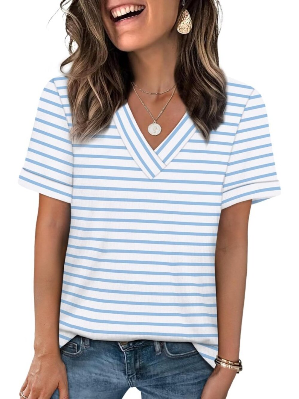 🆕Women's Blue Stripe Tops Short Sleeve Basic Casual V Neck T Shirts Trendy